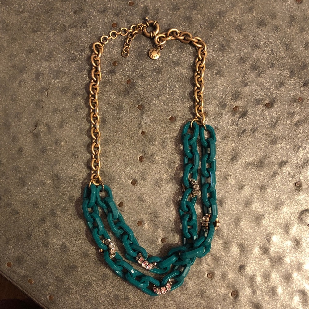 J Crew Matte Gold Chain Necklace with Teal and Crystal Link Accents